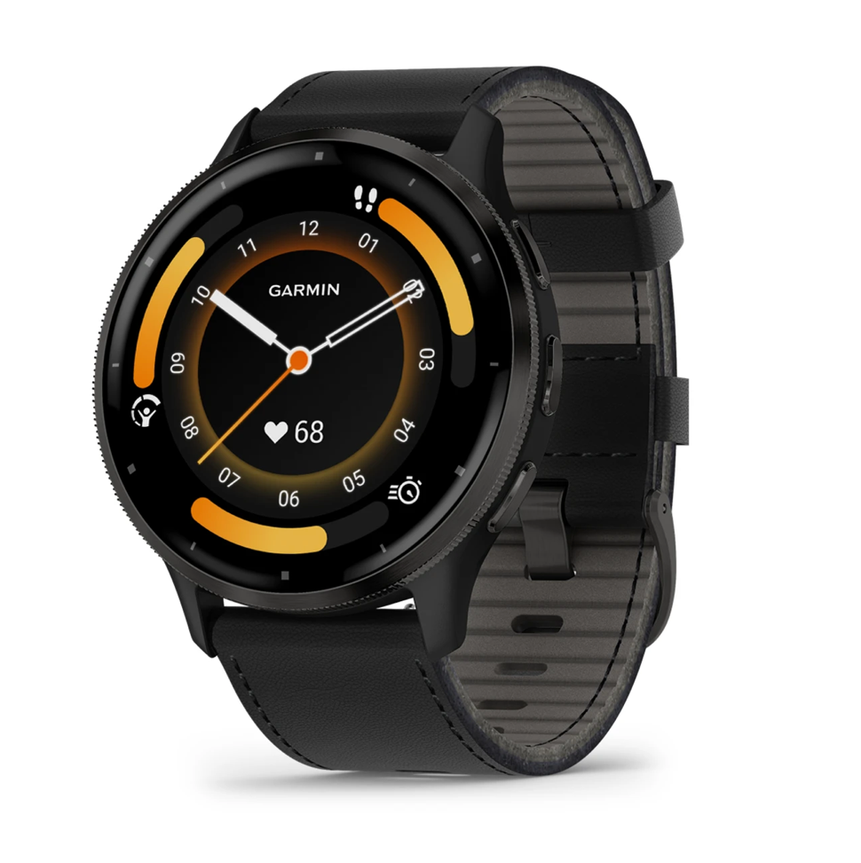 Garmin Venu 3 - 45mm - Slate Stainless Steel Bezel with Black Case and Leather Band