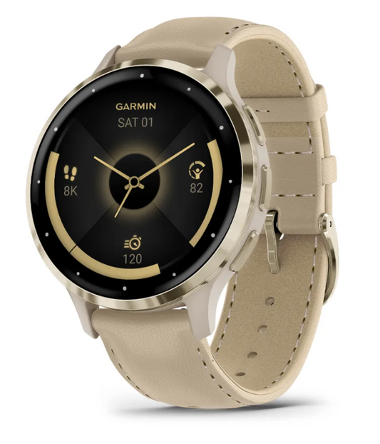 Garmin Venu 3S - 41mm - Soft Gold Stainless Steel Bezel with French Gray Case and Leather Band