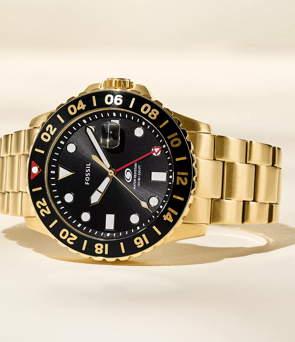 Fossil Blue GMT Gold Tone Stainless Steel Watch Dennis Collins
